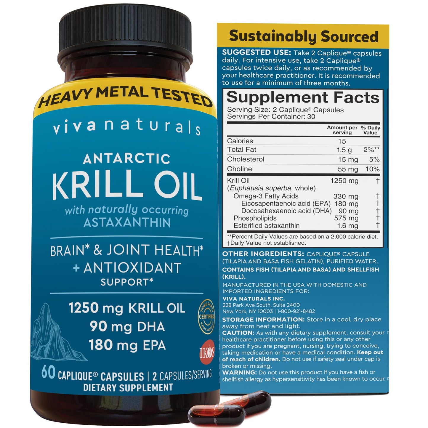 Viva Naturals Antarctic Krill Oil Omega 3 Supplements 1250 mg - DHA EPA Omega-3 & Astaxanthin Concentration for Joint Health,