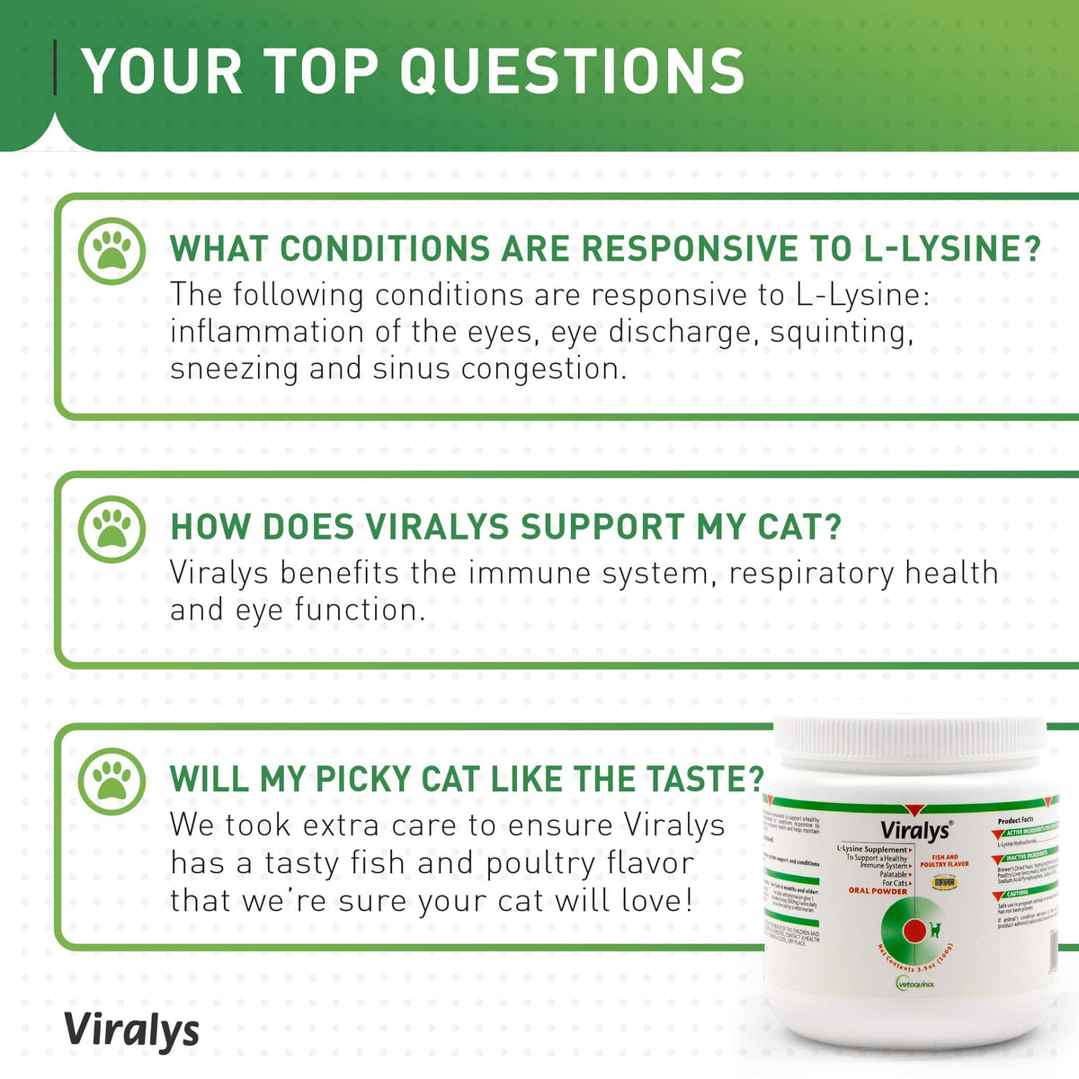 Vetoquinol Viralys Daily L-Lysine Powder for Cats and Kittens, Fish Flavored Lysine Supplement for Cats and Kittens to Support Immune Health