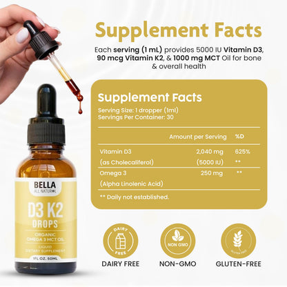 Bella All Natural Vitamin D3 K2 Liquid Drops 5000 IU (Unflavored) - Omega 3 with MCT Oil -
