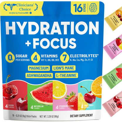 Venture Pal 2-in-1 Hydration Packets + Focus Support Electrolytes Powder, 7 Electrolytes + Vitamins, Magnesium, Lion's Mane & L-Theanine