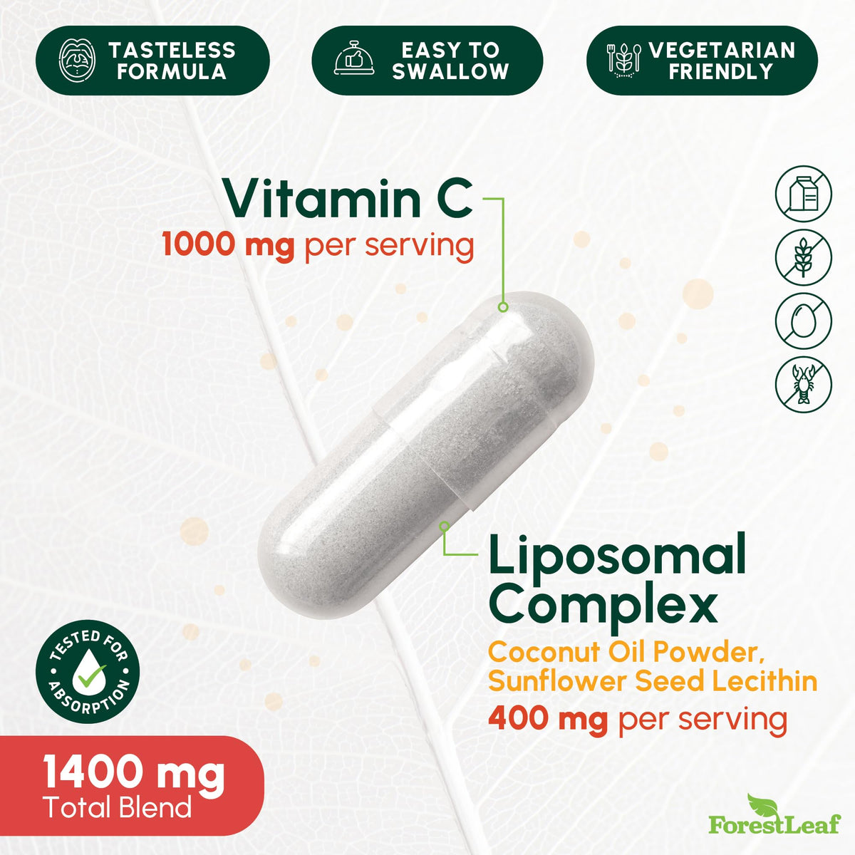 ForestLeaf Liposomal Vitamin C 1400mg Capsules | High Dose Vitamin C Liposomal Supplement w Coconut Oil Fatty Acids | Fast Absorption | Immune Support,