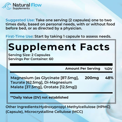 Natural Flow 4X Magnesium Supplement, Magnesium Glycinate, Taurate, Malate, Orotate Complex, Calm Sleep and Cramp Support Blend, No Mag Citrate or Oxide, 120 Capsules Natural Flow Supplements buy supplements Au