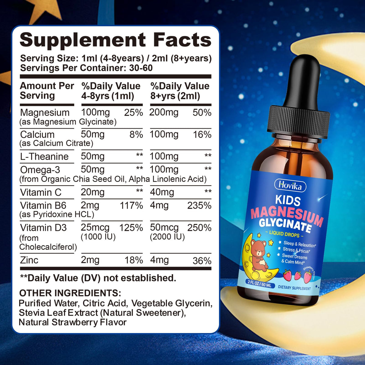 Magnesium Glycinate Liquid for Kids - with L-Theanine Omega-3, Vitamin B6, D3, Zinc - Kids Magnesium Drops for Sleep, Relaxation, Calm & Focus - 2 Fl Oz, Strawberry Flavor HovikaBuy Supplements Australia