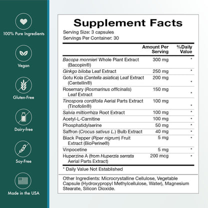 Natura Health Products Vibrant Mind - Brain Supplement for Memory and Focus* - Featuring Bacopa, Ginkgo Biloba, Centellin & Phosphatidylserine