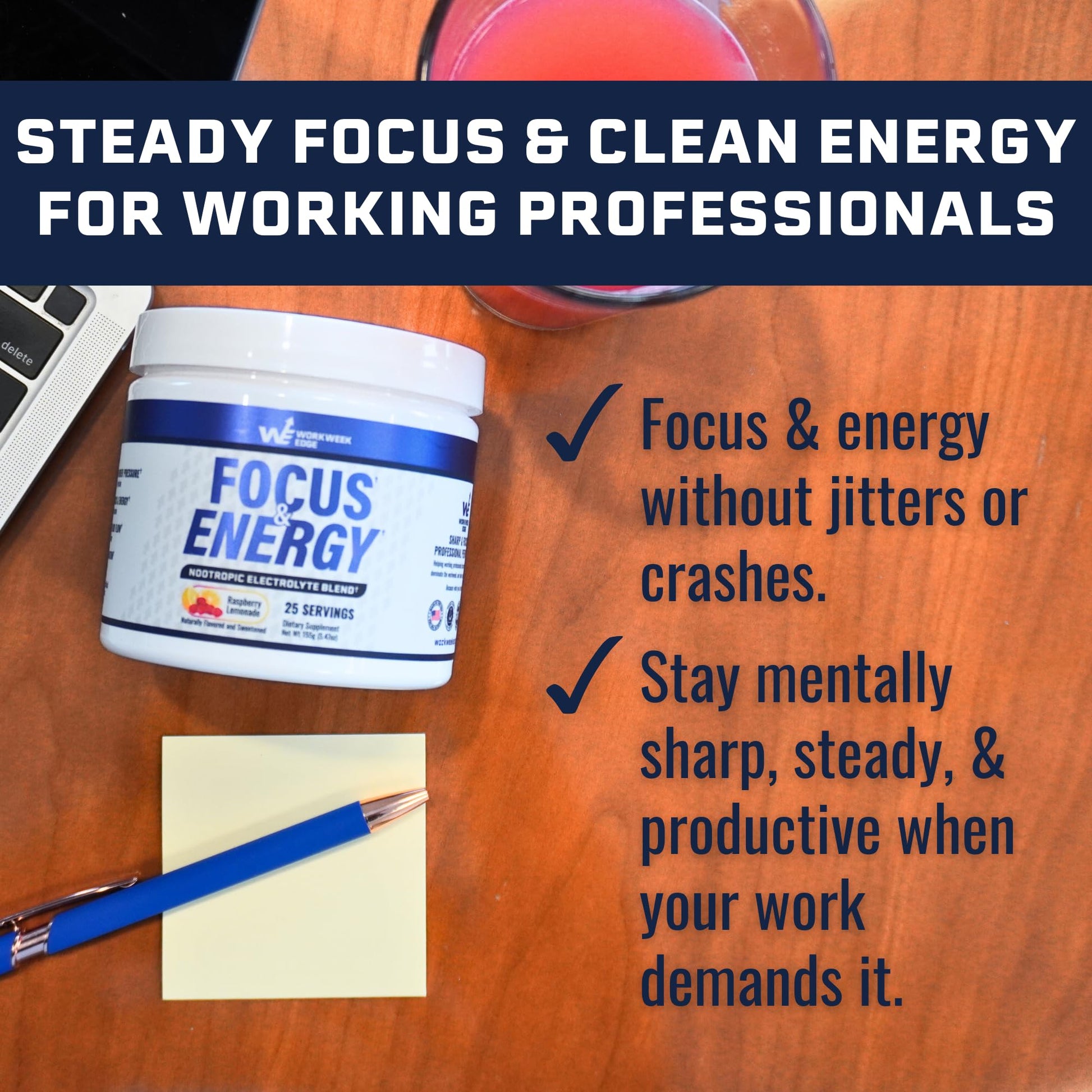 Workweek Edge Focus & Energy Drink Mix Powder – Zero Sugar, 100mg Caffeine + L-Theanine + L-Tyrosine Calm Nootropic Supplement for Steady Focus & Clean Energy – (25 Servings) Workweek Edge buy supplements Au