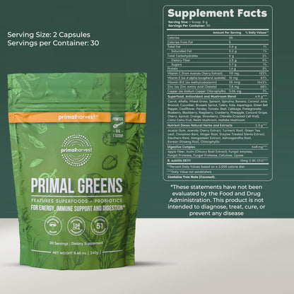 Primal Harvest Super Greens Powder, 30 Servings w/+50 Greens Superfood Chlorella, Probiotics, Green Tea, Wheatgrass,