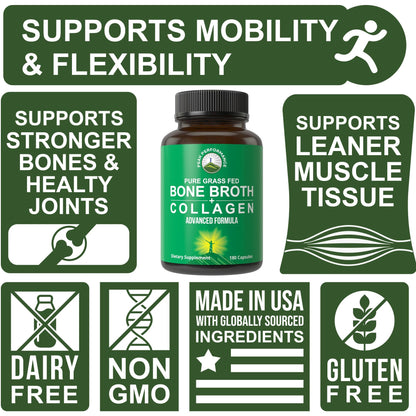 Peak Performance Bone Broth Collagen Capsules - 180 Pills of Grass Fed Bone Broth Collagen Protein Peptides - Contains All 3 Types 1, 2, and 3 - Pure Pasture