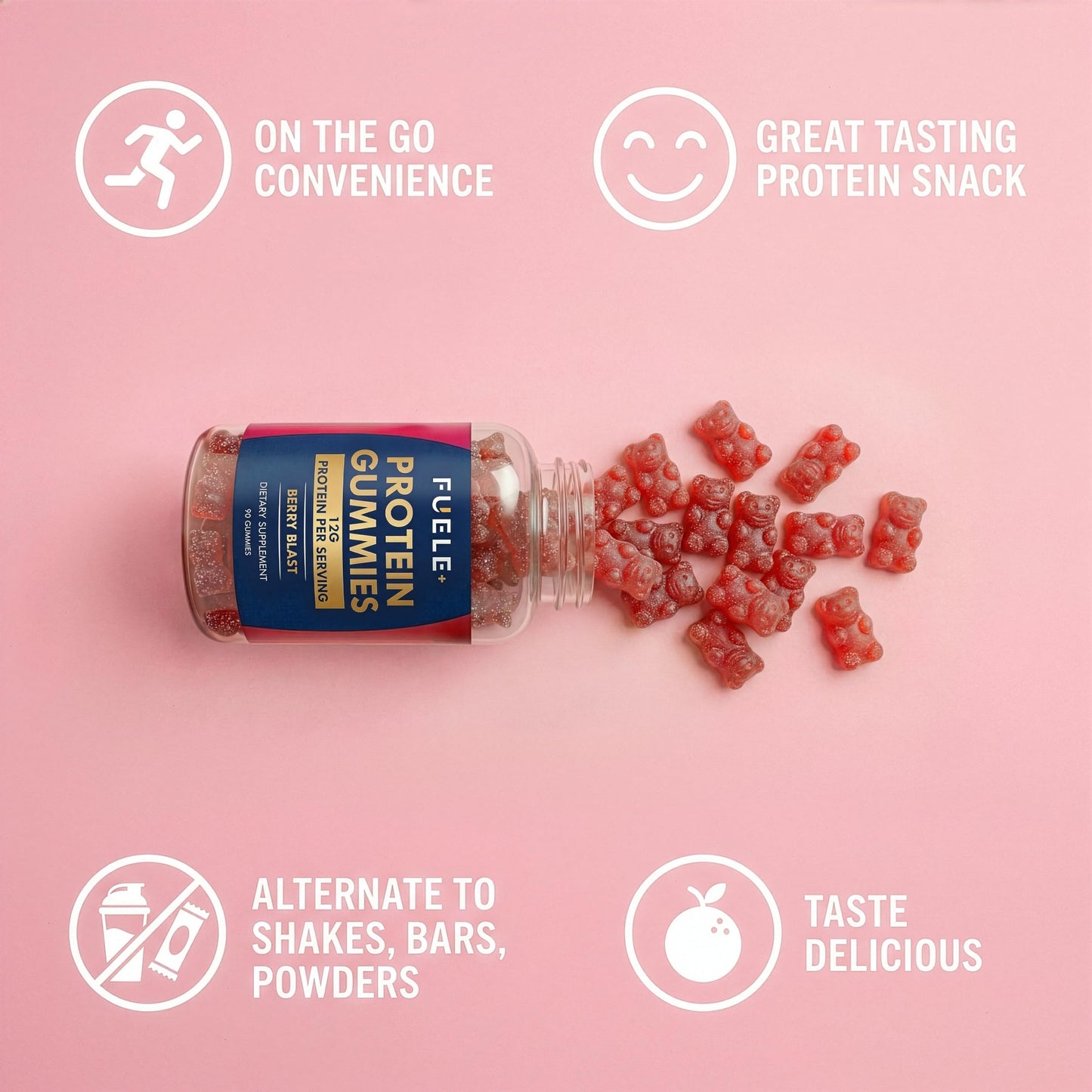 FUELE+ Protein Gummies – 12g High Protein Snack, Mixed Berry Flavor, No Added Sugar, Whey Protein Gummies, Supports Muscle Recovery, Post Workout Supplement
