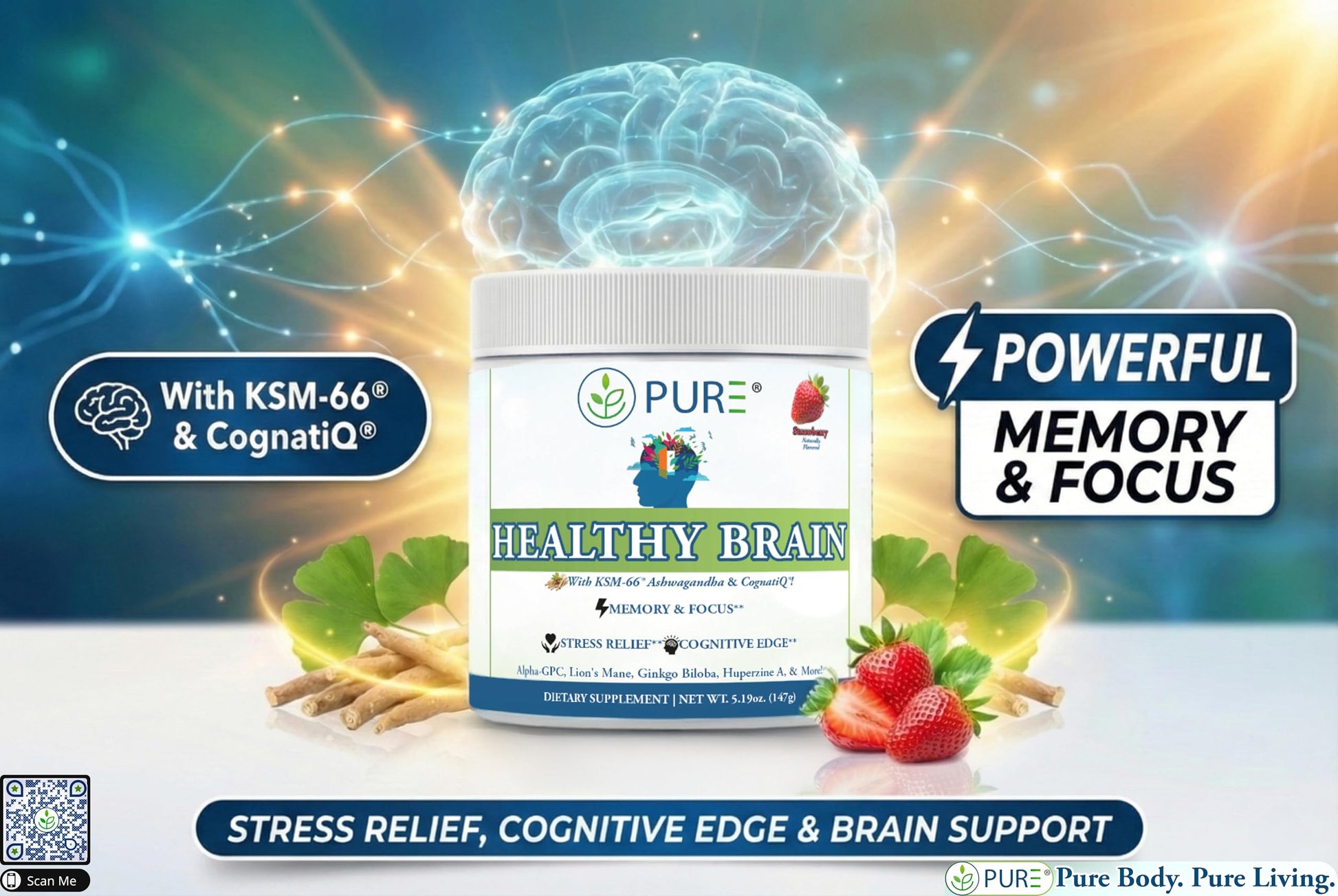 PURE® Healthy Brain Nootropic Powder - 30 Servings - 1.25g Lion’s Mane, 600mg Alpha-GPC & KSM-66® Ashwagandha - Cognitive Support for Memory, Focus & Stress Relief - 147 Grams, Strawberry Flavor! PURE buy supplements Au