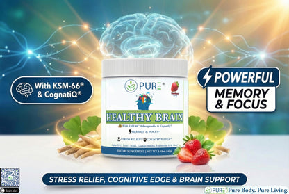 PURE® Healthy Brain Nootropic Powder - 30 Servings - 1.25g Lion’s Mane, 600mg Alpha-GPC & KSM-66® Ashwagandha - Cognitive Support for Memory, Focus & Stress Relief - 147 Grams, Strawberry Flavor! PURE buy supplements Au