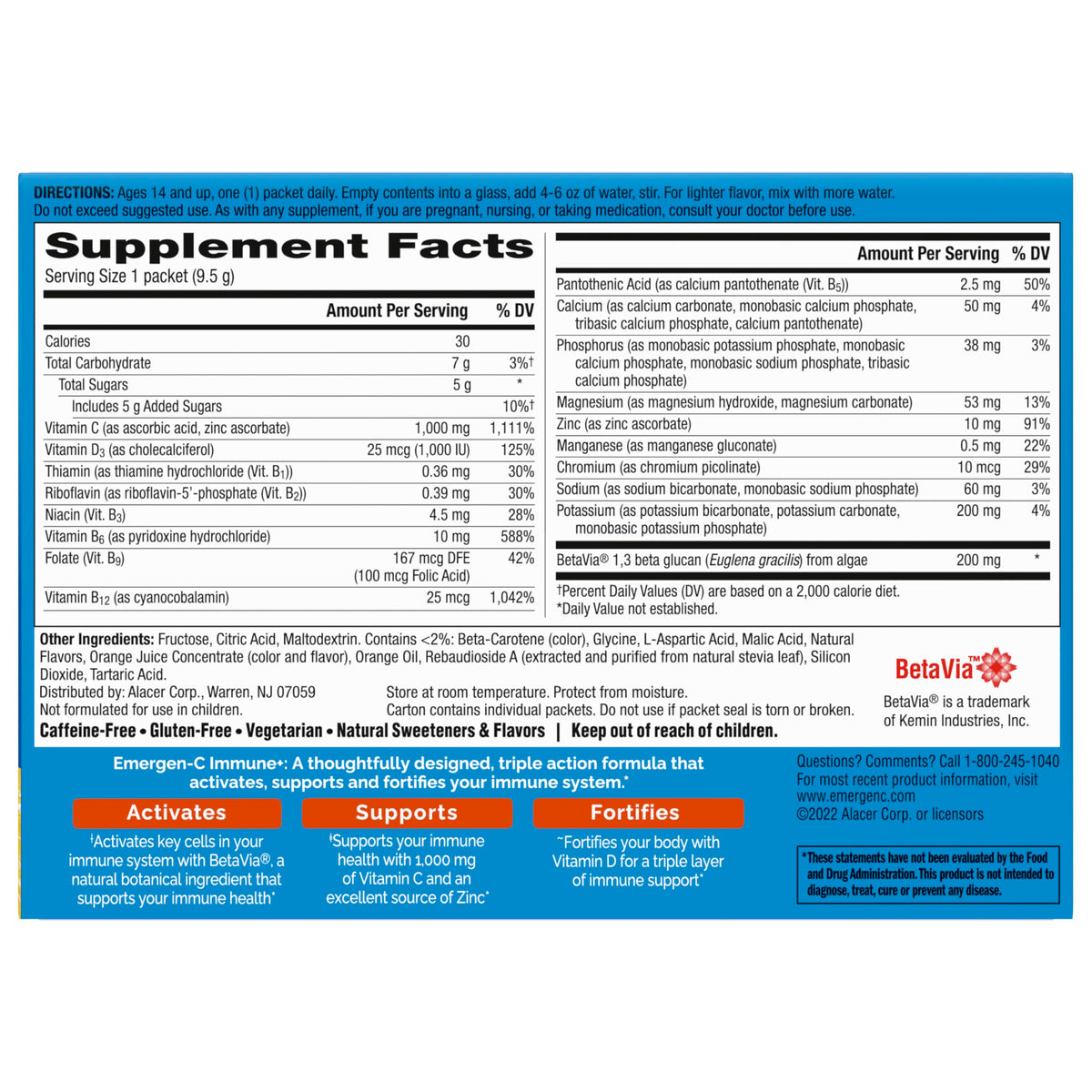 Emergen-C Immune+ Triple Action Immune Support Powder, BetaVia (R), 1000mg Vitamin C, B Vitamins, Vitamin D and Antioxidants
