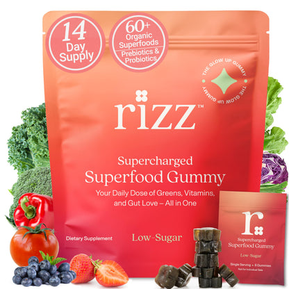 Rizz Low Sugar Green Gummies - 60+ Superfoods 6g Fiber - Prebiotic and Probiotic Gummies - Vegan Multivitamins for Women & Men - Gluten Free - Mushroom,