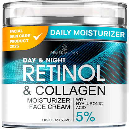 Face Moisturizer Retinol Cream, Anti Aging Neck Firming Cream, Collagen Day & Night Face Cream with Hyaluronic Acid for Women & Men, 1.85 Fl Oz