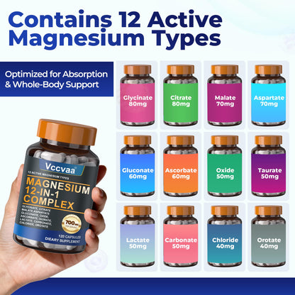 Magnesium Complex 700mg | 12-in-1 High Absorption Supplement | Glycinate, Citrate, Malate, Taurate & More | Sleep Support, Muscle Cramp Relief, Stress, Heart, Bone