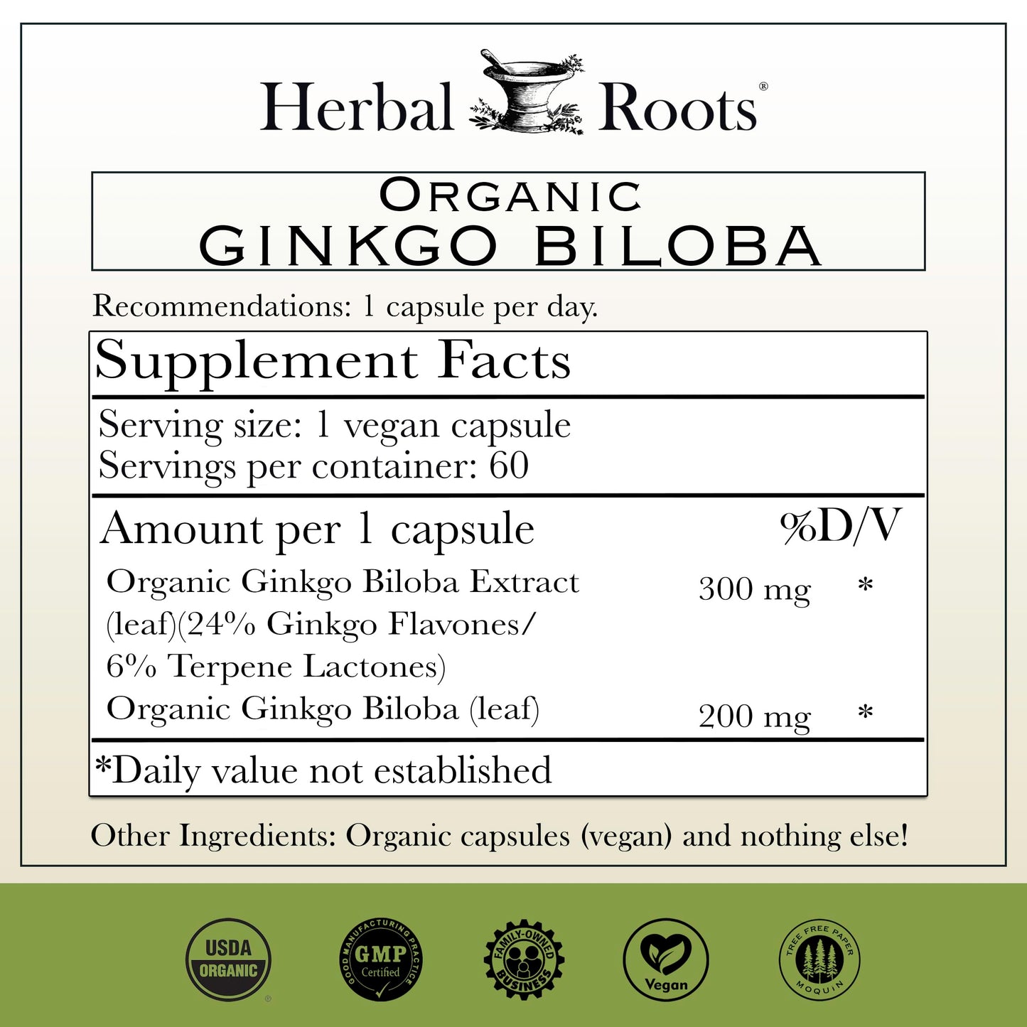 Herbal Roots Organic Ginkgo Biloba Made with Pure Organic Ginkgo Leaf and Extract - 60 Vegan Capsules