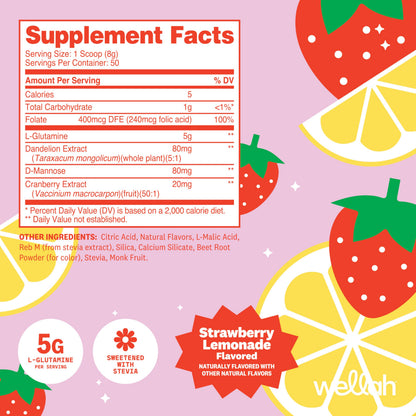 Wellah L-Glutamine Strawberry Lemonade Flavored (50 Servings) - 5g L-Glutamine Per Serving, Sweetened with Stevia
