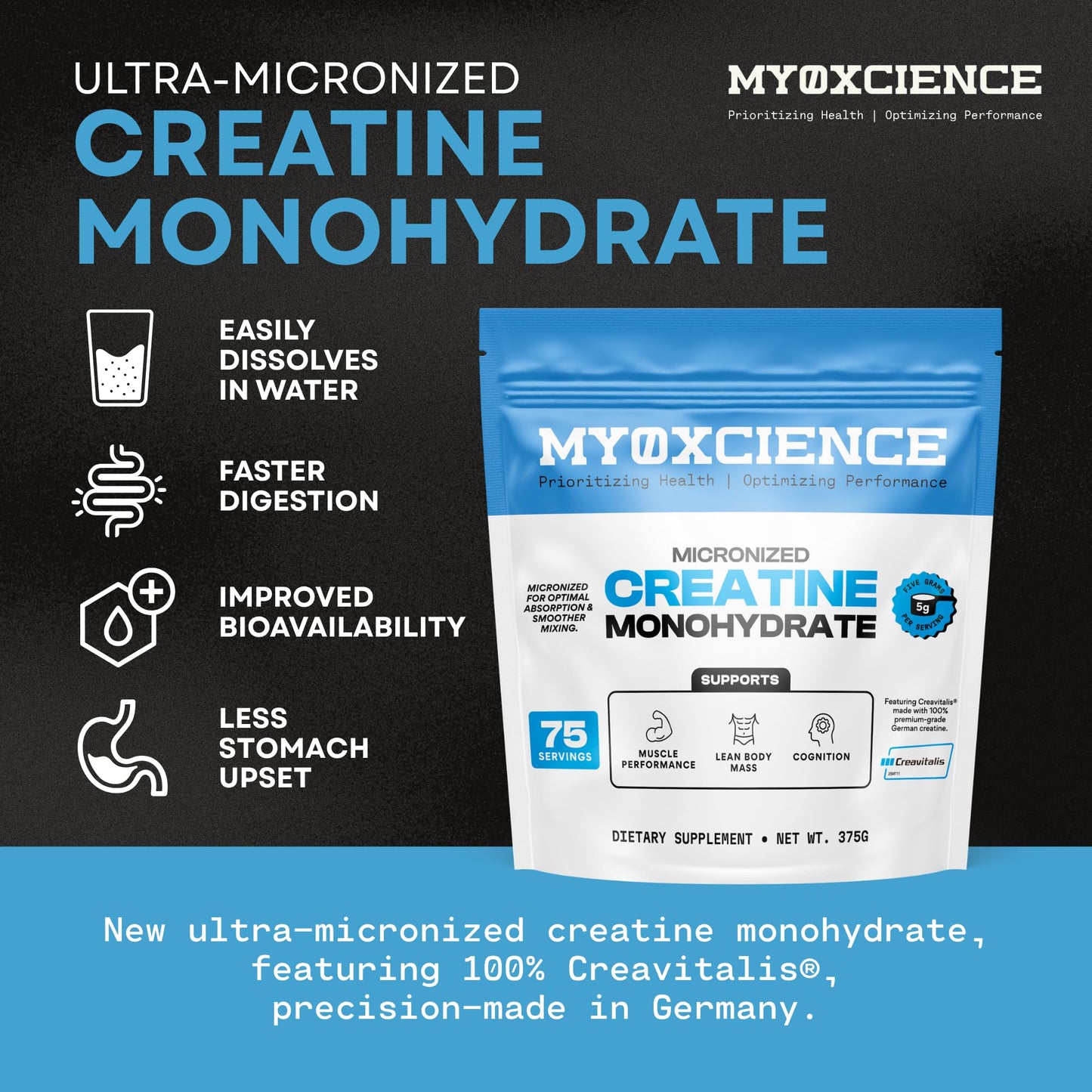 MYOXCIENCE Micronized Creavitalis Creatine | The World’s Purest Micronized Form of Creatine Monohydrate | Supports Muscle Performance, Lean Body Mass, & Cognition | 75 Servings MYOXCIENCE buy supplements Au