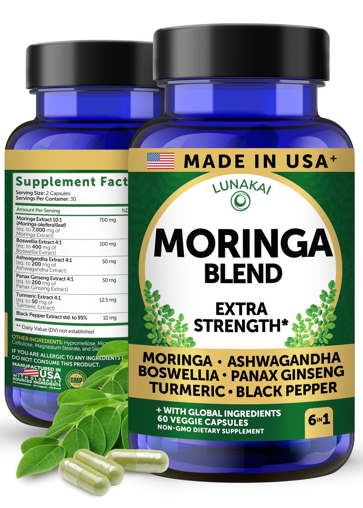 Lunakai USA Made Pure Moringa Capsules – Advanced Moringa Leaf Extract Supplement with Ashwagandha, Boswellia, Ginseng & Turmeric, 60ct LunakaiBuy Supplements Australia