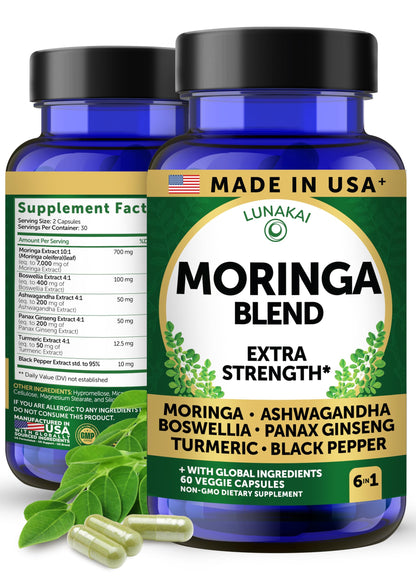 Lunakai USA Made Pure Moringa Capsules – Advanced Moringa Leaf Extract Supplement with Ashwagandha, Boswellia, Ginseng & Turmeric, 60ct LunakaiBuy Supplements Australia