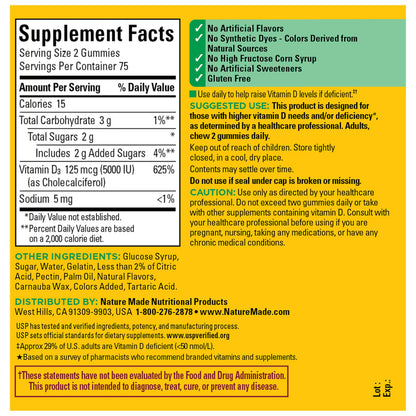 Nature Made Vitamin D3 5000 IU Per Serving Gummies Extra Strength, Bone and Immune Health Support, 150 Vitamin D Gummies for Adults, 75 Day Supply