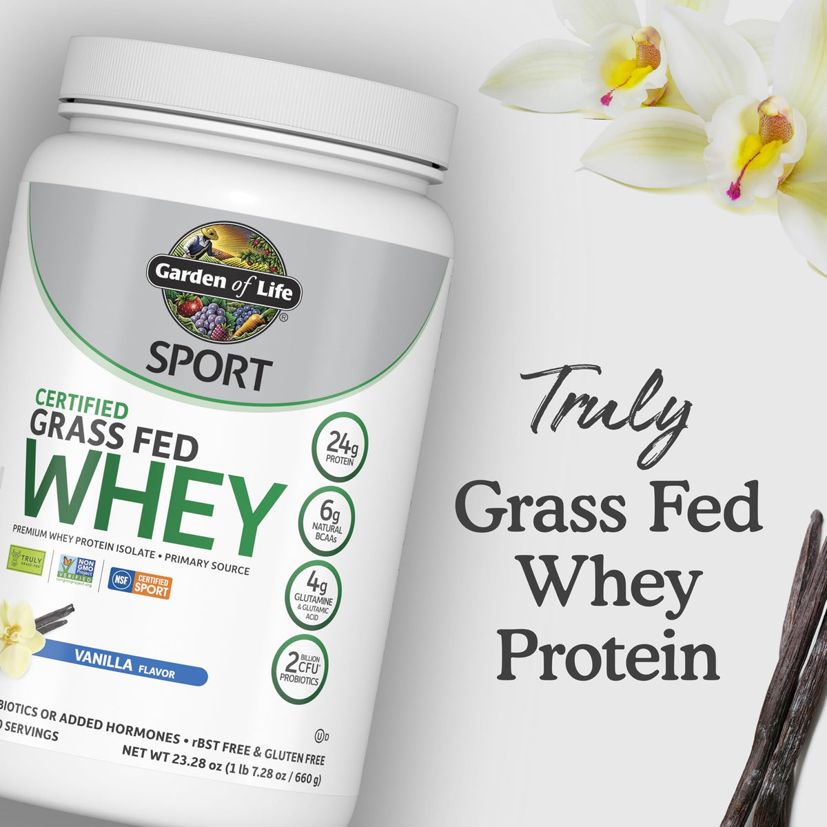 Garden of Life Sport Grass Fed Whey Protein Powder – 24g Whey Protein Isolate for Women & Men with Probiotics & Glutamine, Non-GMO, Gluten-Free, Cold-Processed, Vanilla Flavor, 20 Servings
