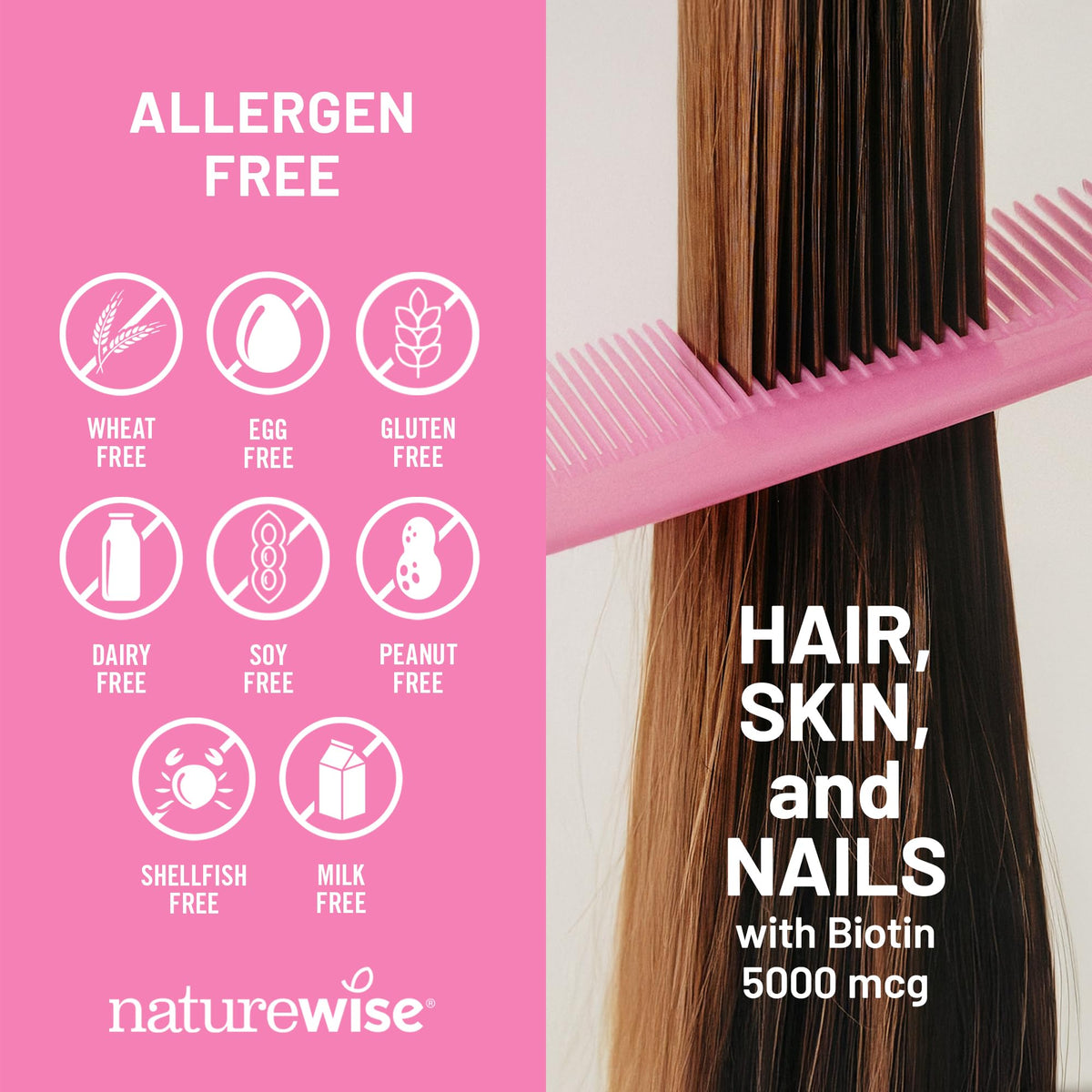NatureWise Hair Skin and Nails Vitamin, Biotin 5000mcg w/Hyaluronic Acid, Collagen for Women with C, B Complex, D3, A, E, Iron
