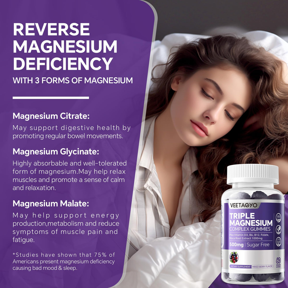 VEETAGYO Magnesium Gummies 500mg 400mg | High Absorption, Bone, Nerves, Muscle | 3 Forms of Magnesium Complex Supplement Glycinate,Taurate,Malate