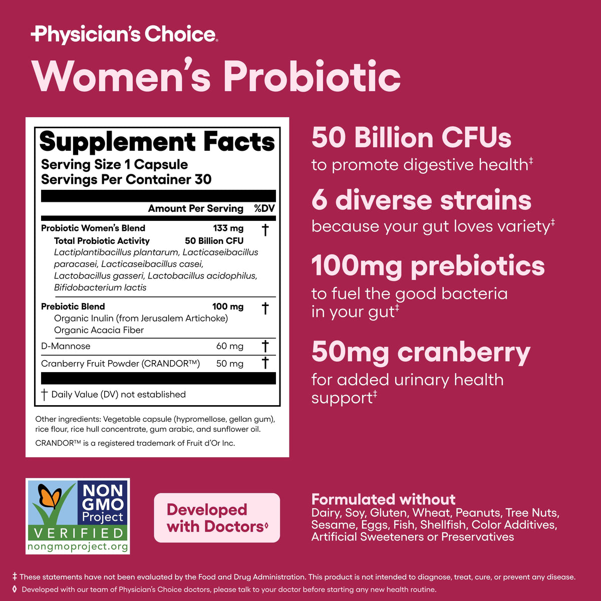Physician's CHOICE Probiotics for Women - PH Balance, Digestive, UT, & Feminine Health - 50 Billion CFU - 6 Unique Strains for Her - Organic Prebiotics
