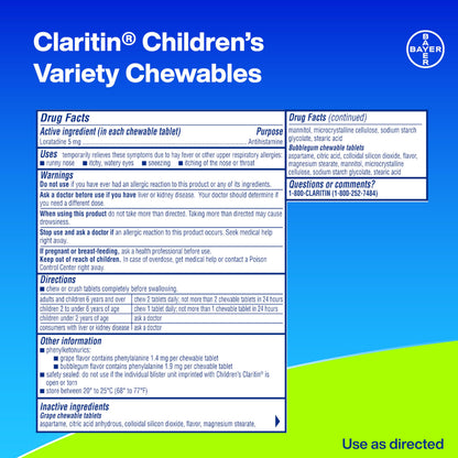 Claritin Children's Allergy Medicine, 24-Hour Non-Drowsy Loratadine 5mg Chewable Tablet, Antihistamine for Kids Ages 2 Years and Older, Grape & Bubble Gum Flavors, Dye-Free, 40 Tablets Claritin buy supplements Au