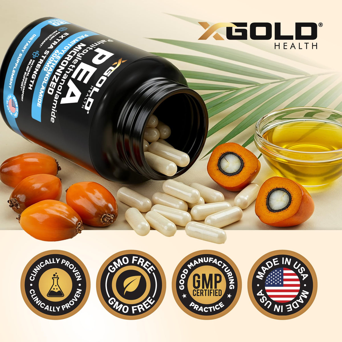 Palmitoylethanolamide Pea Supplement 600 mg | Micronized Pea 99% Highly Purified and Bioavailable | Made in USA | Supplement for Men and Women - 120 Capsules