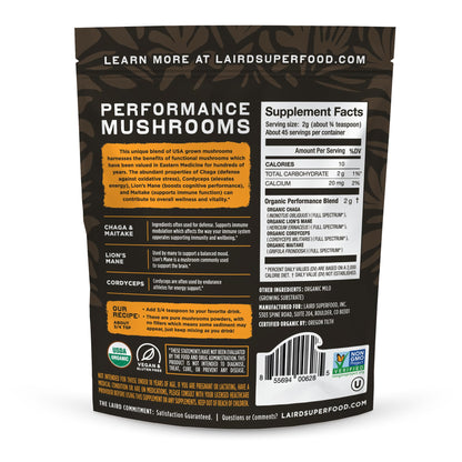 Laird Superfood Organic Performance Mushroom Blend with Chaga, Cordyceps, Lion's Mane and Maitake for Energy