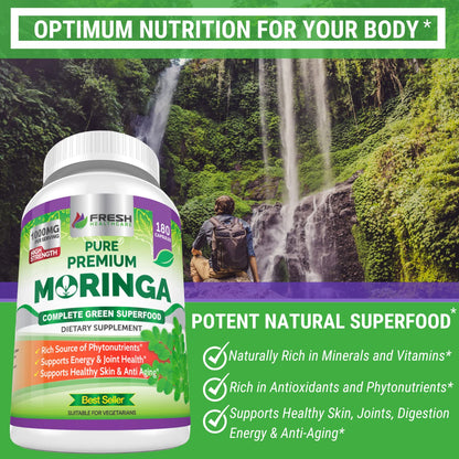 FRESH HEALTHCARE Moringa Capsules – 100% Pure Leaf Powder - 180 Pills, Non-GMO - 3 Month Supply - Complete Green Superfood for Energy
