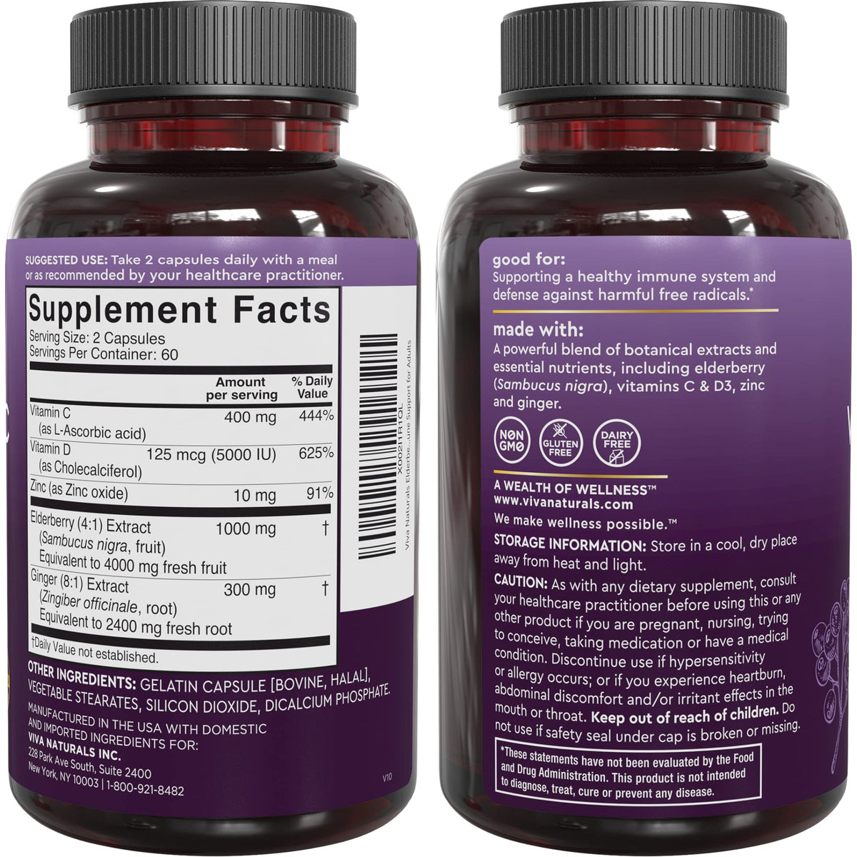 Viva Naturals Elderberry with Vitamin C and Zinc for Adults - 5 in 1 Sambucus Black Elderberry Capsules with Vitamin D3 5000 IU Immunity Supplement