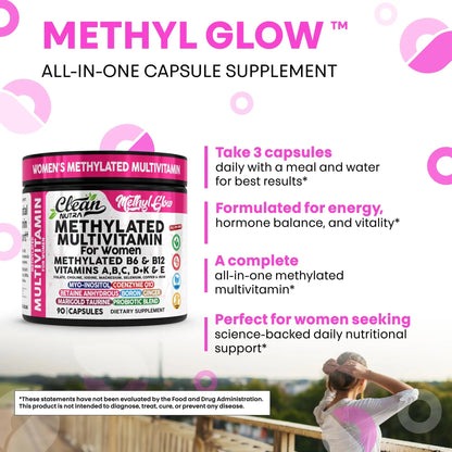 Methylated Multivitamin for Women Vitamins B6 Methyl B12 A B C D K E Folate Choline Omega 3 Thiamine Riboflavin Iron Clean Nutraceuticals