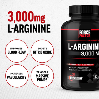 Force Factor L-Arginine Nitric Oxide Supplement with BioPerine to Help Build Muscle and Support Stronger Blood Flow, Circulation, Nutrient Delivery