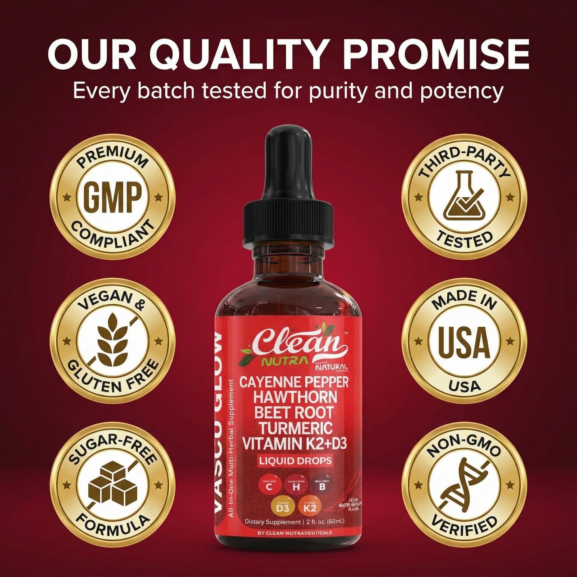Clean Nutra Cayenne Pepper Drops Supplement Liquid + Hawthorn Berry, Vitamin D3 K2 Beet Root Powder, Ceylon Cinnamon, Turmeric Curcumin, Organic Panax Ginseng, Berberine Extract 1 Pack Clean Nutraceuticals buy supplements Au