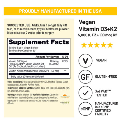 NatureWise Vegan Vitamin D3 + K2 - Natural D3 5000IU + Natural Vitamin K2 100mcg - Bone Support - High Absorption