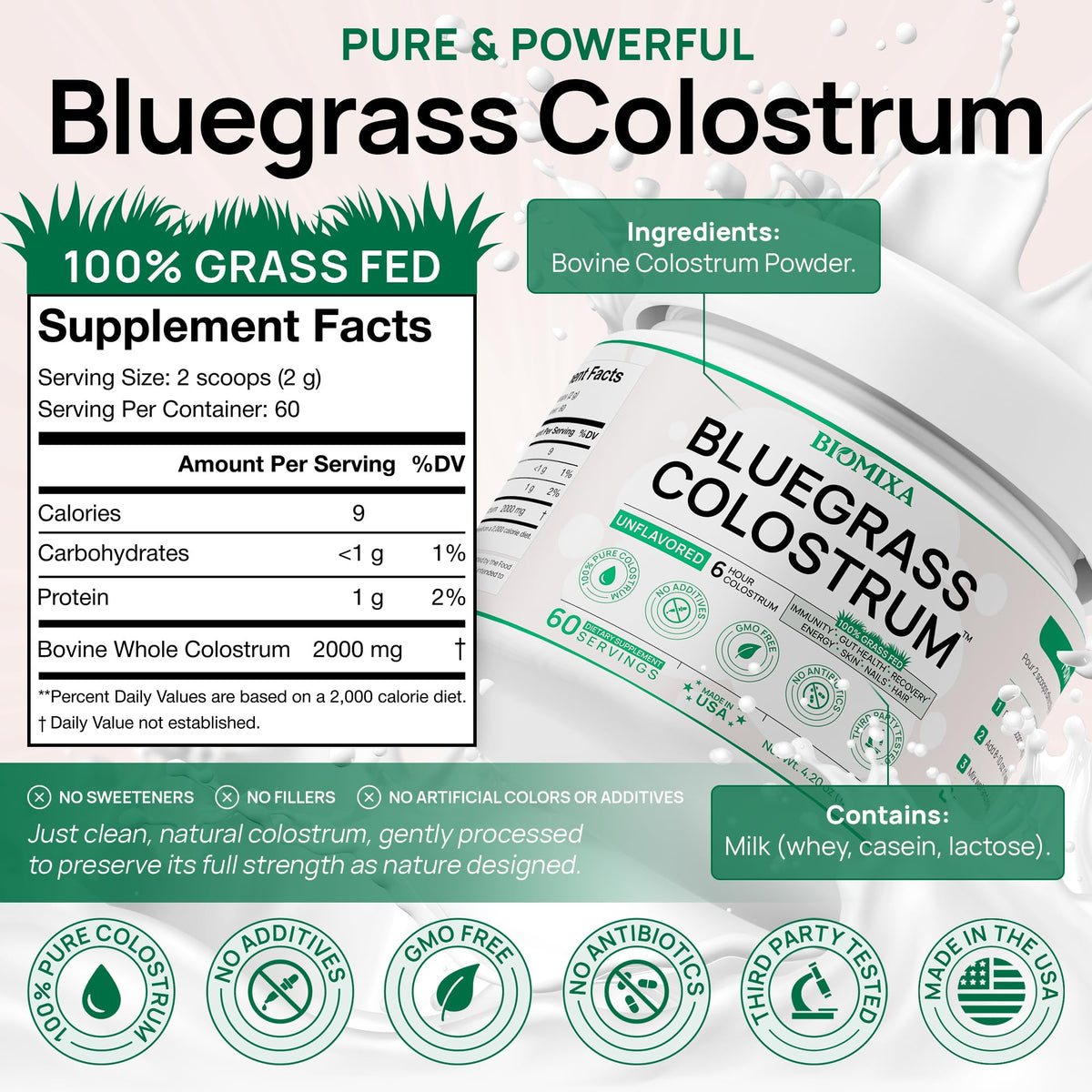 Bovine Colostrum Supplement - 100% Pure Whole Colostrum Powder - Grass-Fed, Unflavored, No Additives, Gut & Immune Support, Natural IgG, 60 Servings - Made in USA Bluegrass ColostrumBuy Supplements Australia