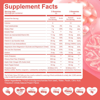 Migcopat 10G Fiber Gummies for Adults with Vitamins C, D, B3, B5 - Digestive & Gut Health Gummies with 30 Billion CFU Probiotics Blend, Inulin, ACV, Magnesium, Zinc