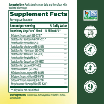 MegaFood MegaFlora Probiotic - Probiotics for Women Digestive Health - Immune Support Supplement - 20 Billion CFU - 14 Strains - Non-GMO