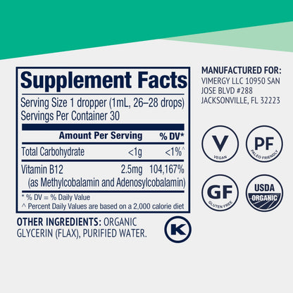 Vimergy USDA Organic Liquid Vitamin B12 Supplement 2500 mcg, Methylcobalamin & Adenosylcobalamin Fast-Absorbing Energy Support, Vegan, Non-GMO B12 Vitamins
