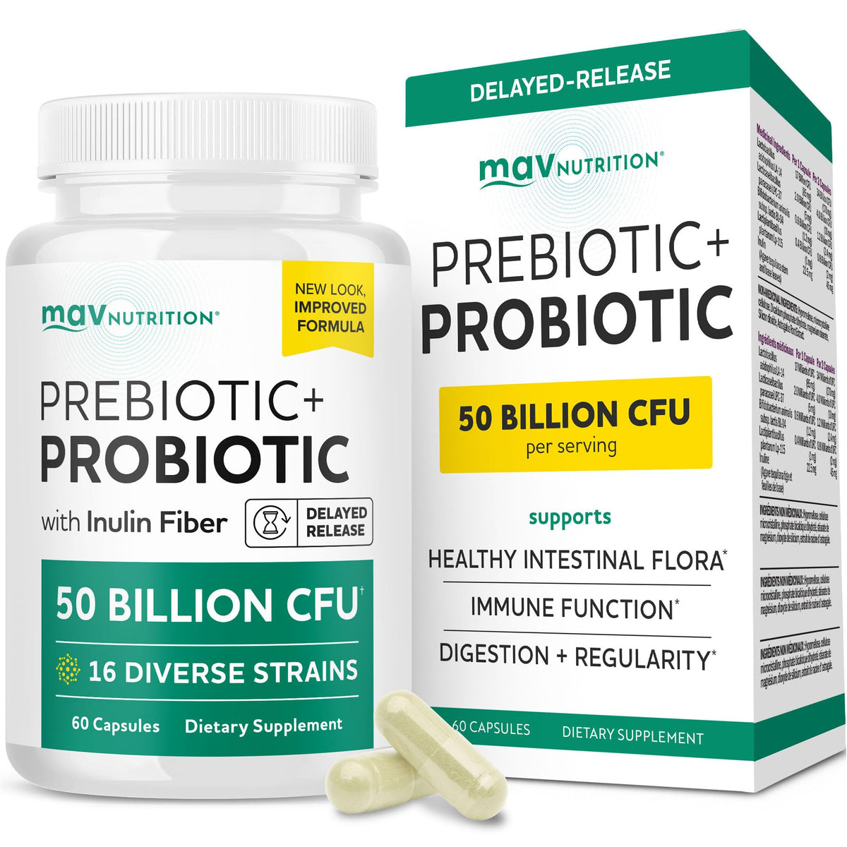 Prebiotics and Probiotics | 50 Billion CFU, 16 Probiotic Strains & Inulin Prebiotic Fiber | Delayed Release Capsules | Gut Health Support | Prebiotics and Probiotics for Women & Men | Non-GMO | 60 Ct MAV NUTRITION buy supplements Au
