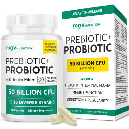 Prebiotics and Probiotics | 50 Billion CFU, 16 Probiotic Strains & Inulin Prebiotic Fiber | Delayed Release Capsules | Gut Health Support | Prebiotics and Probiotics for Women & Men | Non-GMO | 60 Ct MAV NUTRITION buy supplements Au