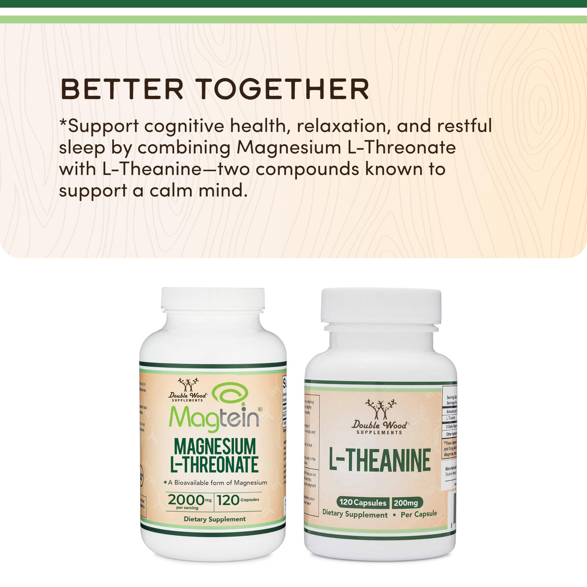 Two supplement bottles labeled 'Magnesium L-Threonate' and 'L-Theanine' with text about their benefits on a light background.