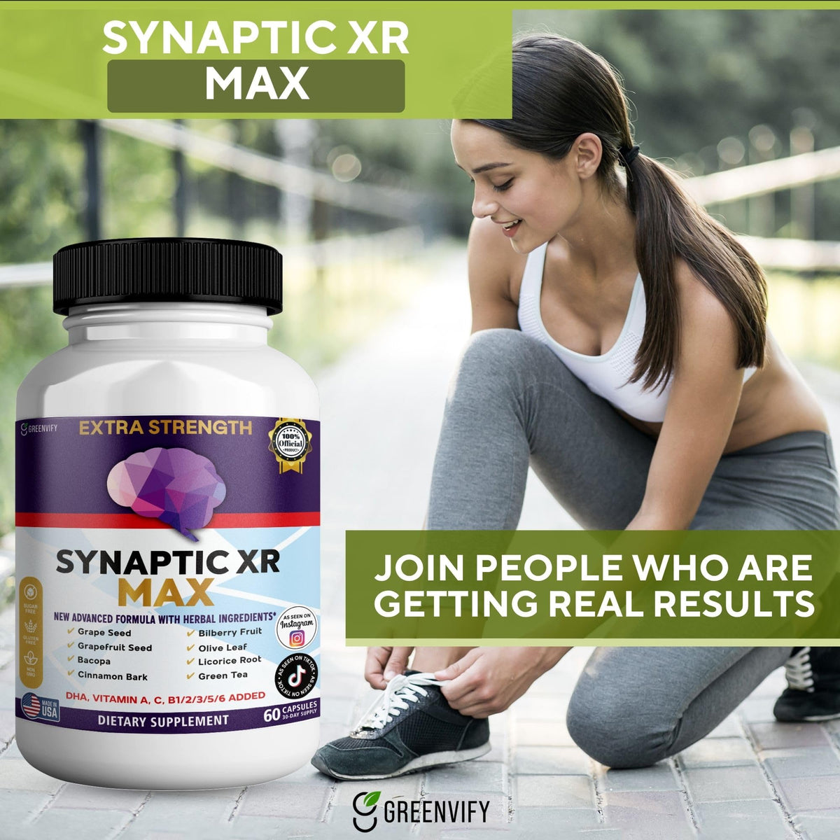 GREENVIFY Synaptic XR Max Extra Strength Brain Support Supplement with Herbal Ingredients, 60 Capsules, DHA Vitamins, Nootropic Formula (1) GREENVIFYBuy Supplements Australia
