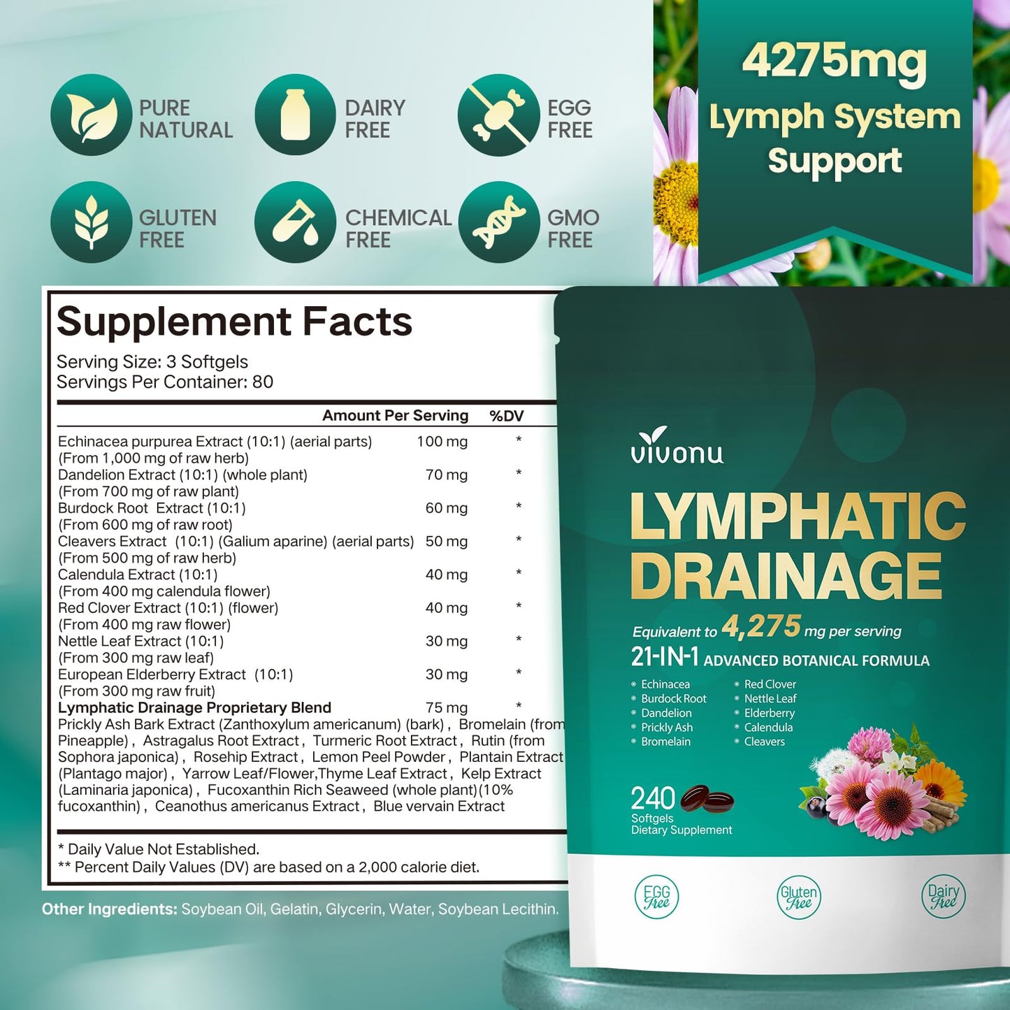 Lymphatic Drainage Supplements, 240 Softgels, Lymph System Support Supplement for Women & Men, 21-in-1 Herbal Blend with Echinacea, Dandelion, Burdock, Bromelain, Calendula, Turmeric & More, 1 Bag VivoNu buy supplements Au