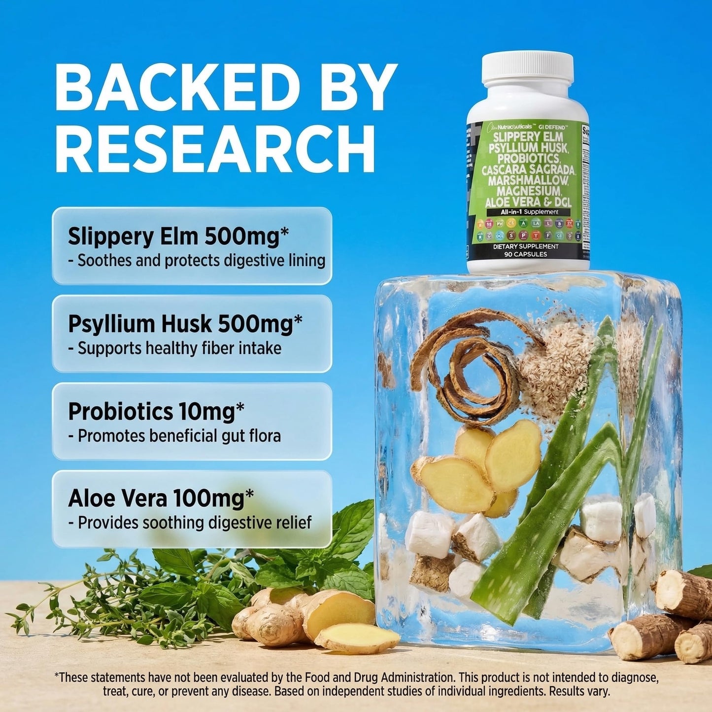 Clean Nutraceuticals Slippery Elm Psyllium Husk Pre Probiotic Digestive Gut Health Supplement with Aloe Vera Cascara Sagrada