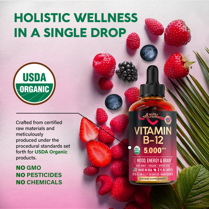 USDA Organic Vitamin B12 Sublingual Drops - 5000 mcg Liquid Vegan Methylcobalamin for Women & Men - Energy Boost, Focus & Mood, Brain Health Support