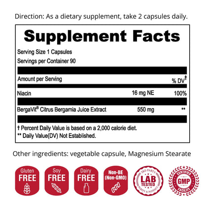 UpNourish BERGAVIT Citrus Bergamot Cholesterol Supplement - Italian Citrus Bergamot Extract 550mg for Women and Men 90 Vegan Capsules