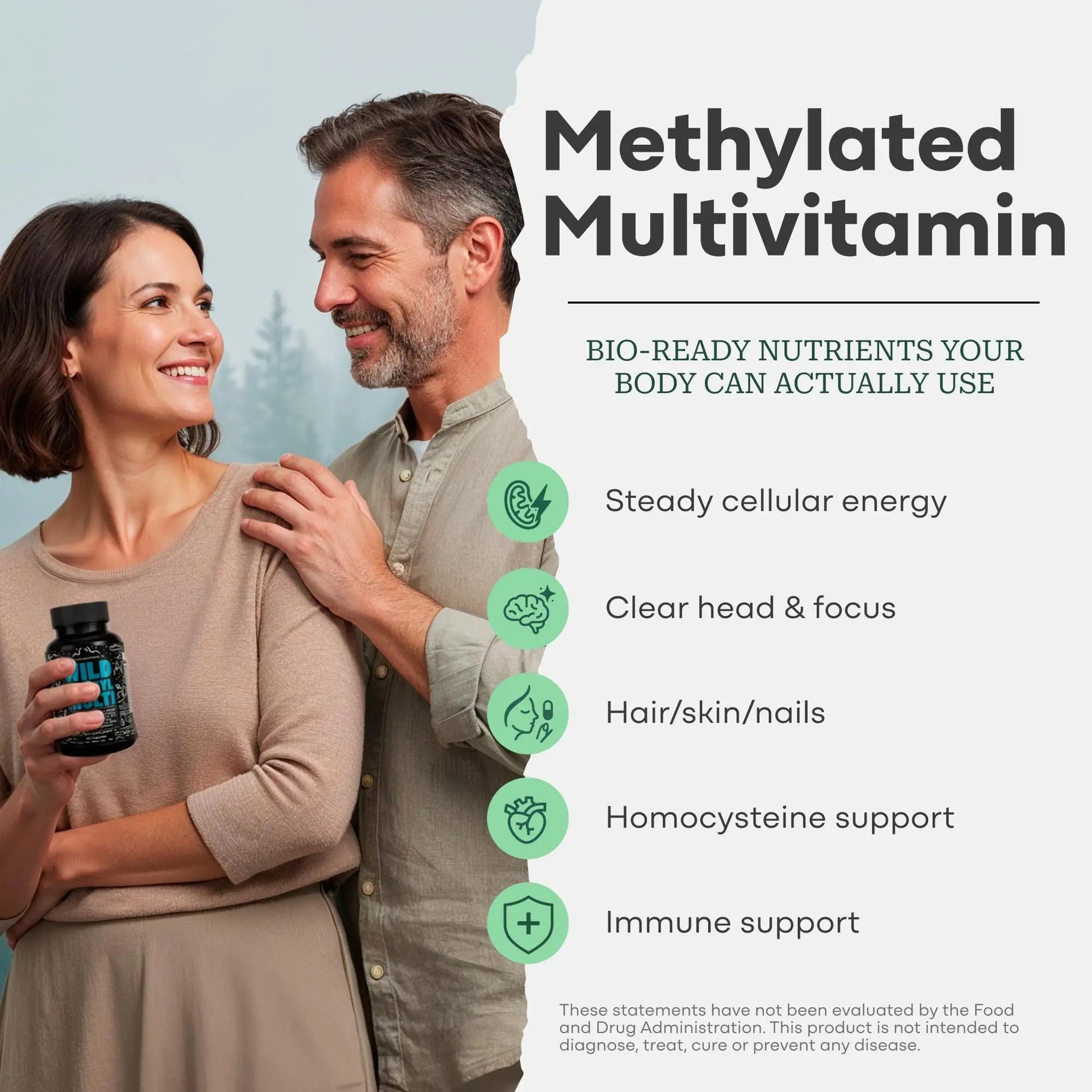 Wild Methylated Multivitamin for Women & Men | Daily Multi Vitamin | MTHFR Supplement Without Iron | Methylated B12, Folate, Vitamin C, A, K2, D, E Wild Foods